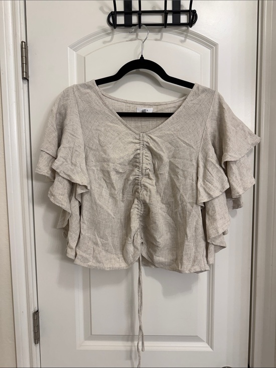 Lucca Tops - Neutral Cream Ruffle-Sleeve Drawstring Crop Blouse